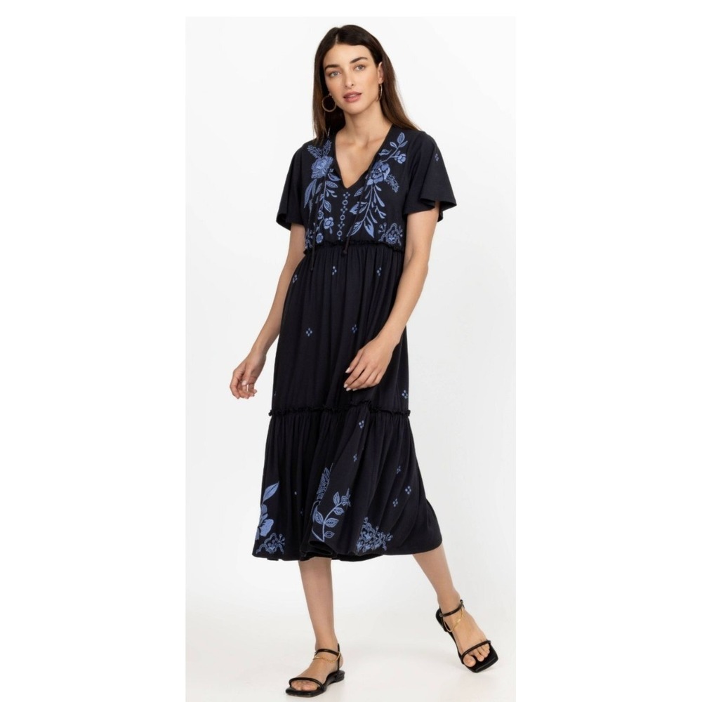 Johnny Was Lyra Embroidered Dress Black Blue Tiered Ruffle Knit Midi Boho S EUC